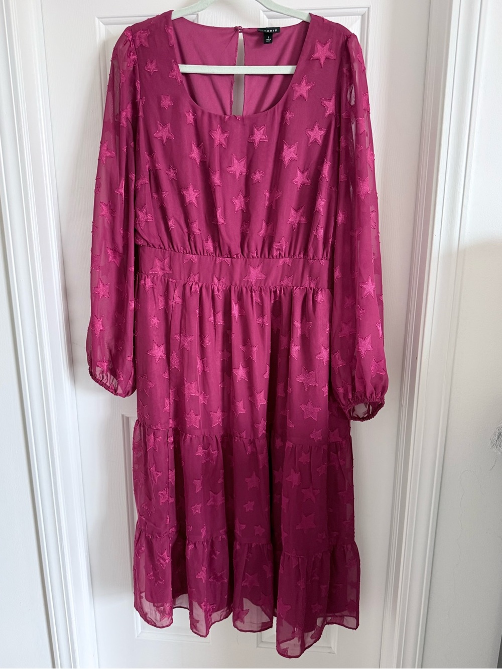 Best Seller Torrid Red Star-Embroidered Long Sleeve Tiered Chiffon Flowy Dress